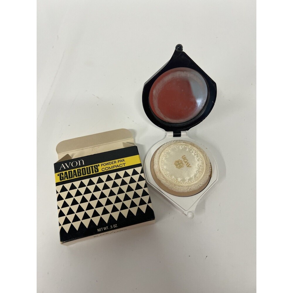 Vintage Makeup Avon Gadabouts Unused Powder Compact Black White Fawn
